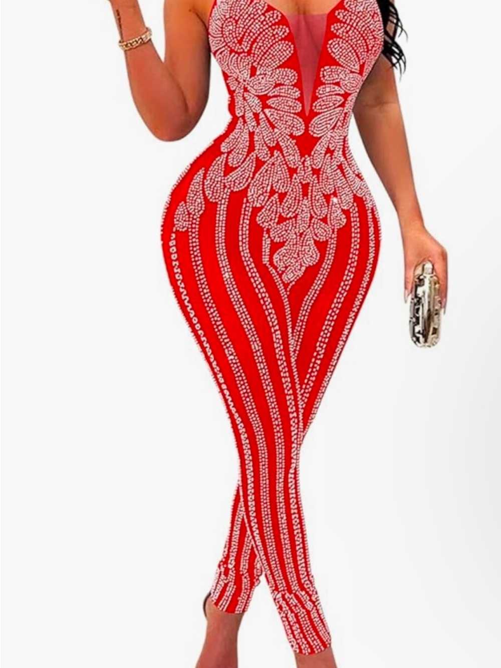 Red Embellished Sleeveless Bodycon Jumpsuit